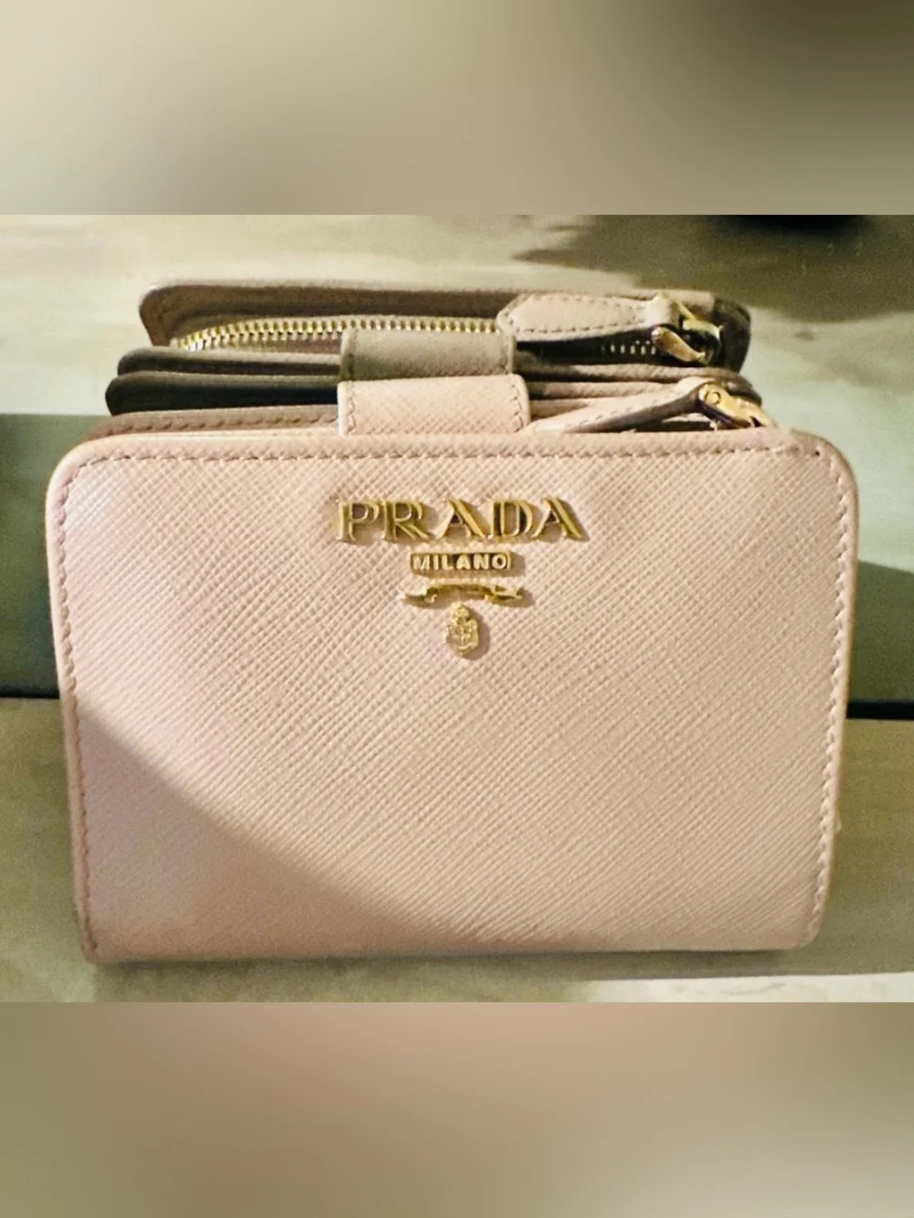 Authentic Prada Small Tan Saffiano Leather Wallet with Gold Logo